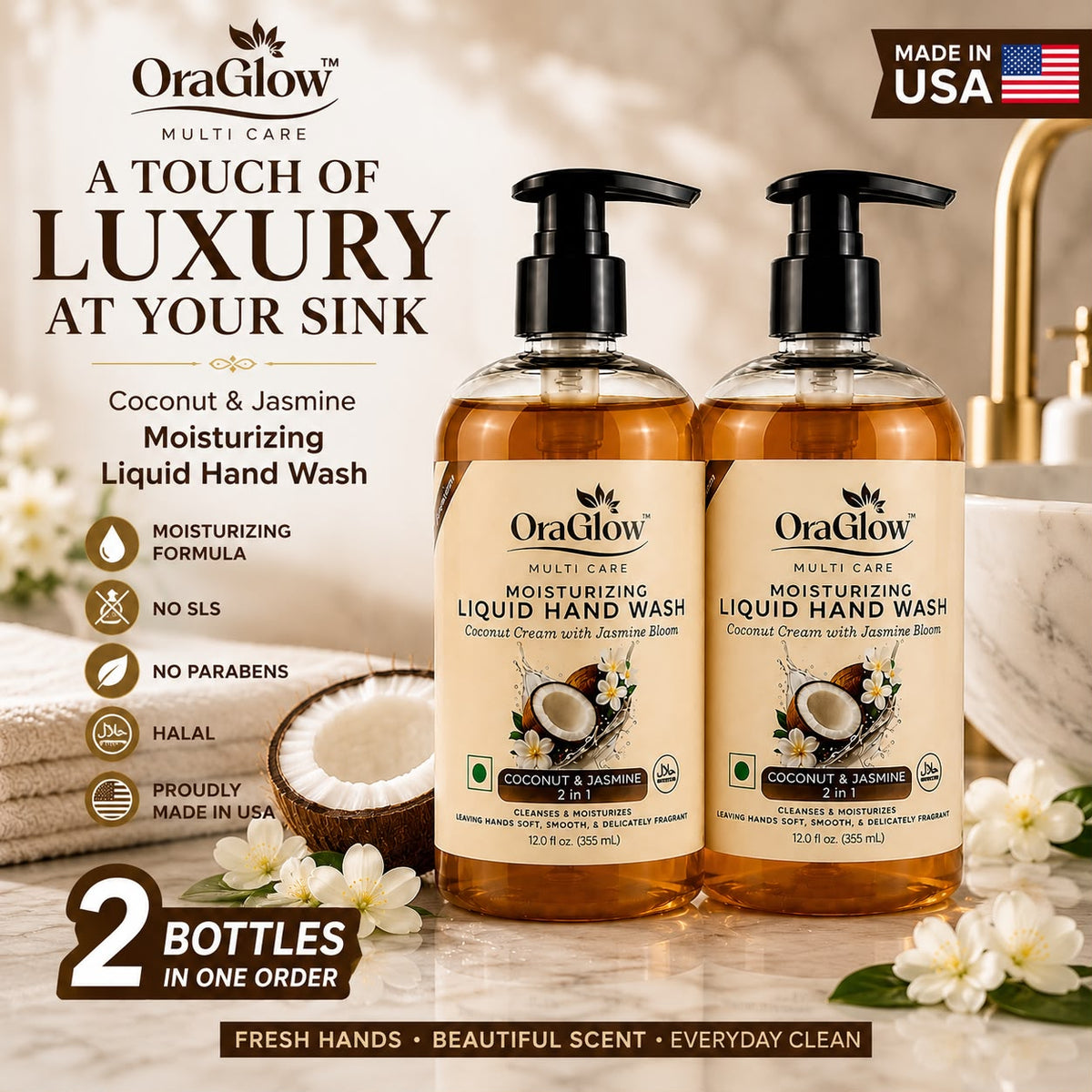 ORA Glow Coconut & Jasmine moisturizing liquid hand wash 2 pack