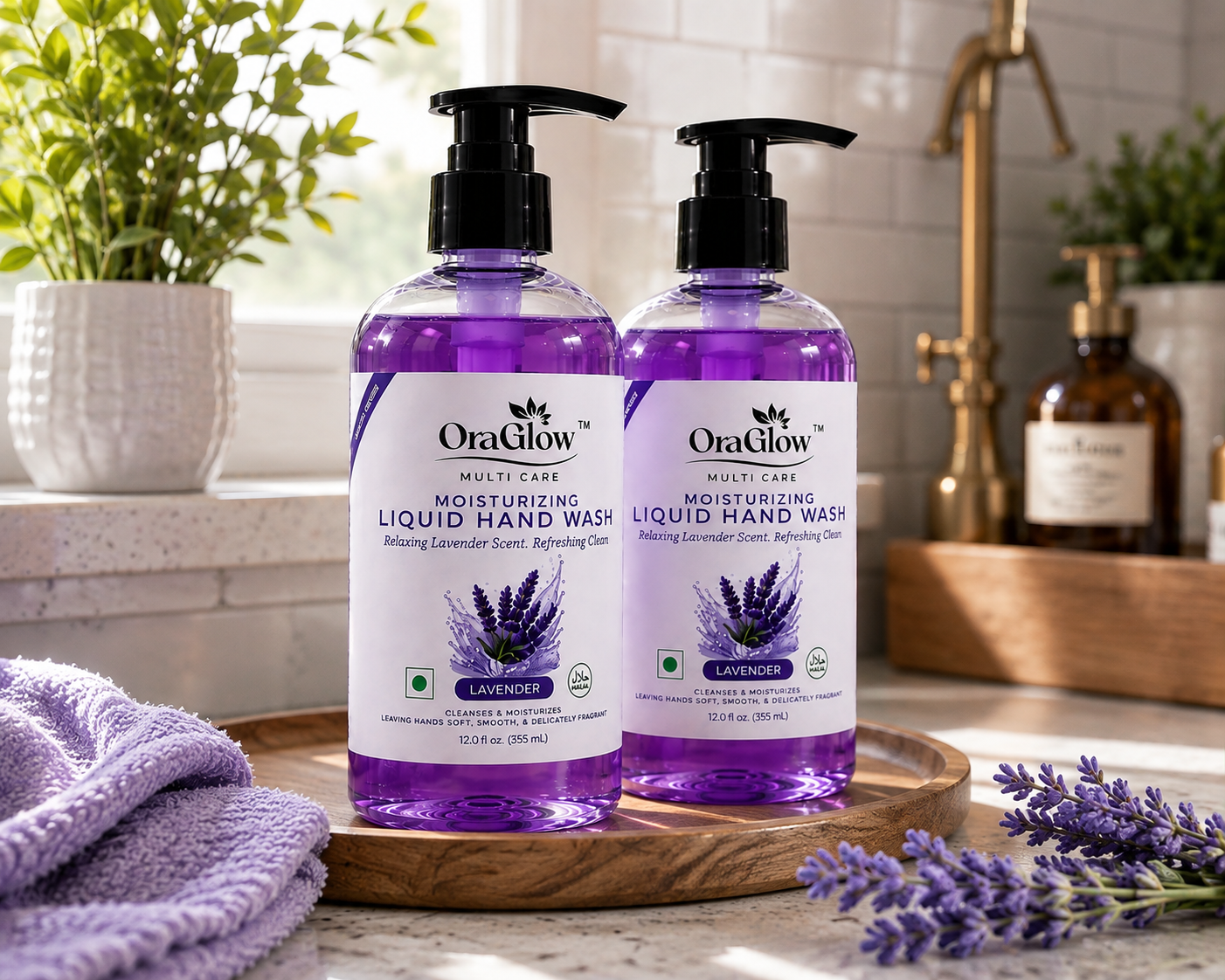 OraGlow Lavender moisturizing hand soap on marble bathroom counter