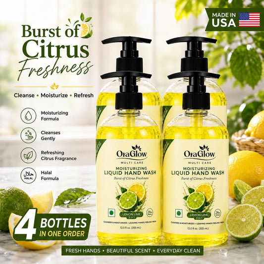 OraGlow Lemon Lime Moisturizing Liquid Hand Wash 4-Pack, 12 fl oz bottles, Made in USA