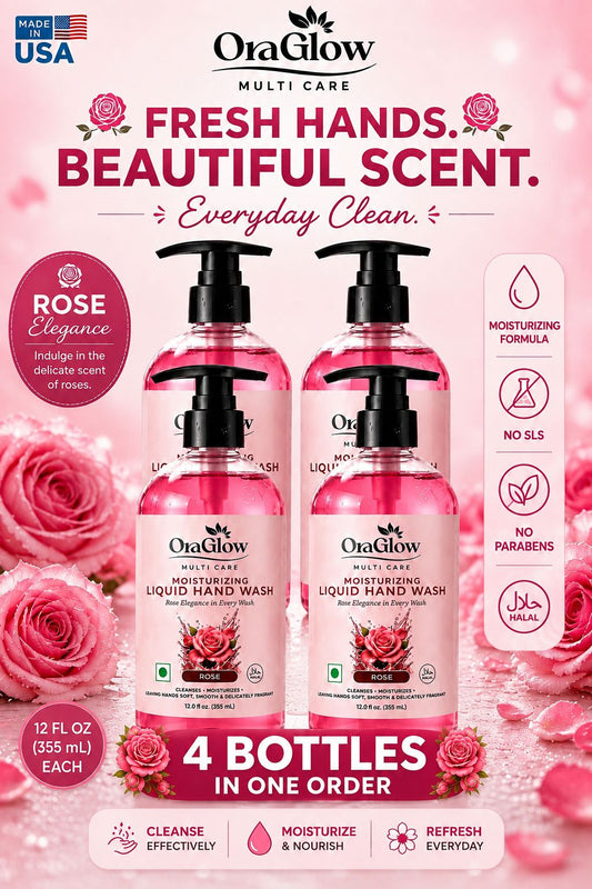 OraGlow Rose Moisturizing Liquid Hand Wash 4 Pack, 12 fl oz bottles, Made in USA