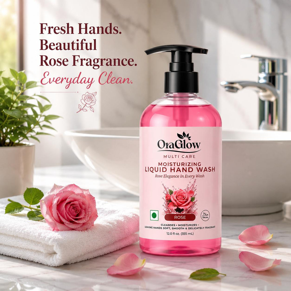 OraGlow Rose Moisturizing Liquid Hand Wash – 4 Pack, 12 fl oz Each
