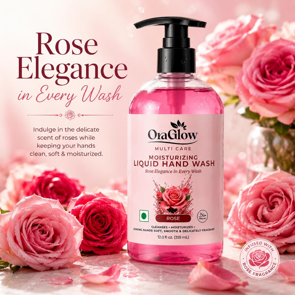 OraGlow Rose Moisturizing Liquid Hand Wash – 4 Pack, 12 fl oz Each