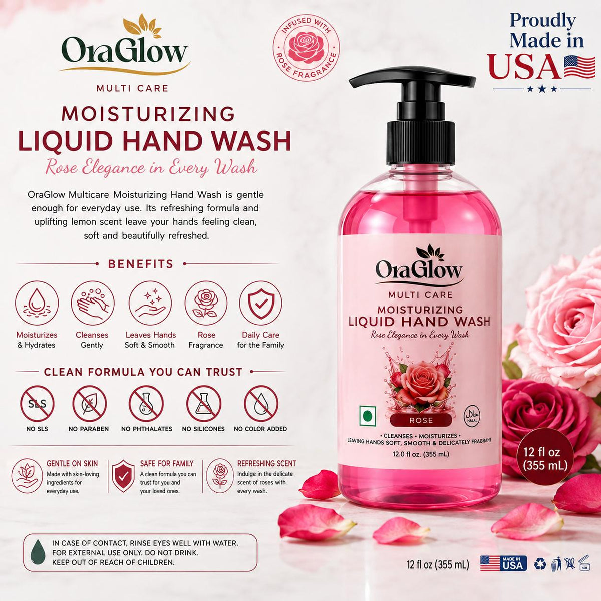 OraGlow Rose Moisturizing Liquid Hand Wash – 4 Pack, 12 fl oz Each