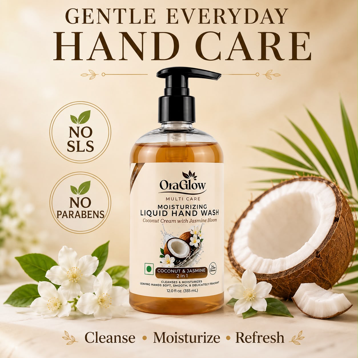 ORA Glow Coconut & Jasmine liquid hand wash bottles
