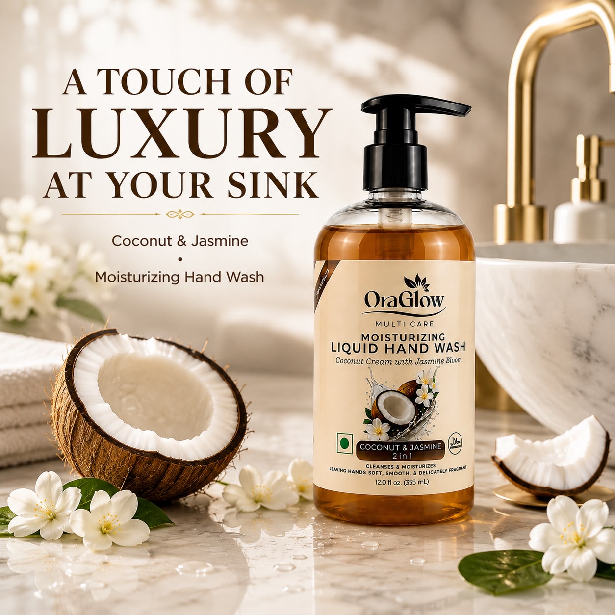 ORA Glow pump bottle hand wash with Coconut & Jasmine fragrance
