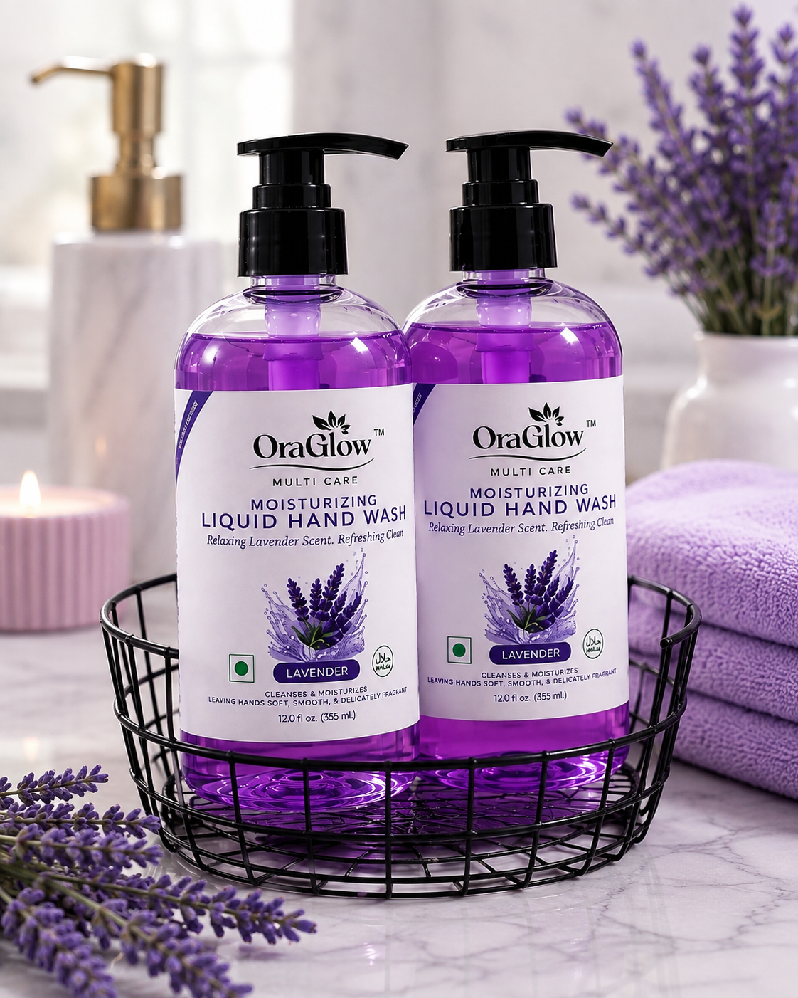 OraGlow Lavender liquid hand wash bottles in elegant bathroom