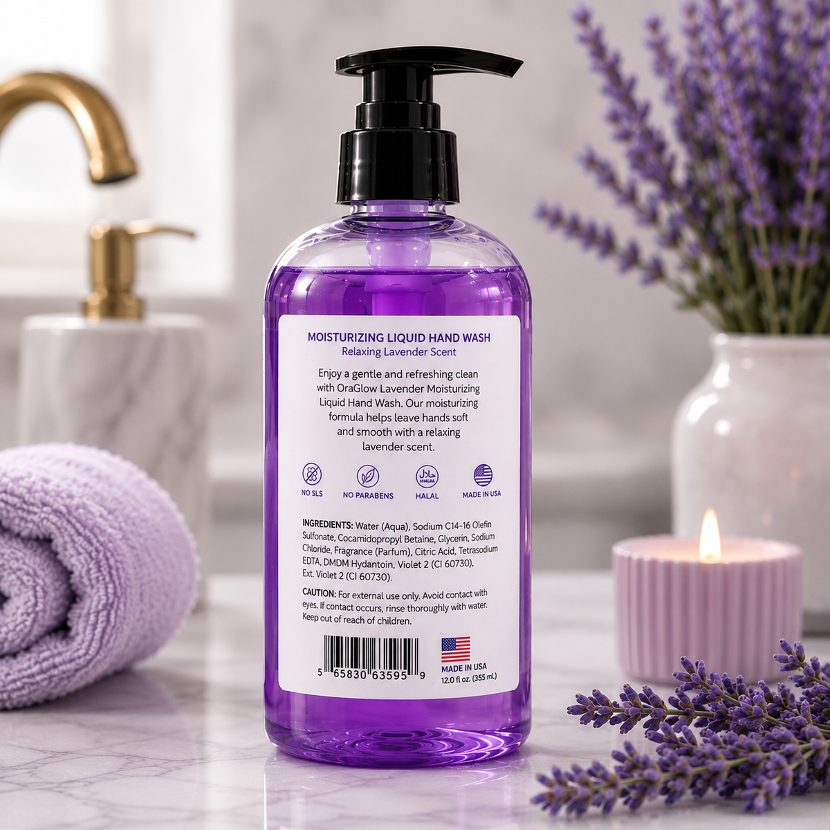 OraGlow Lavender hand wash 2 pack beside bathroom sink