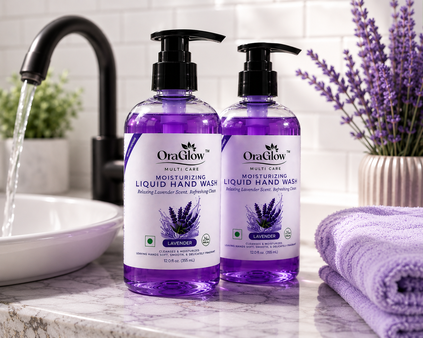 OraGlow Lavender liquid hand wash bottles with lavender flowers and towel